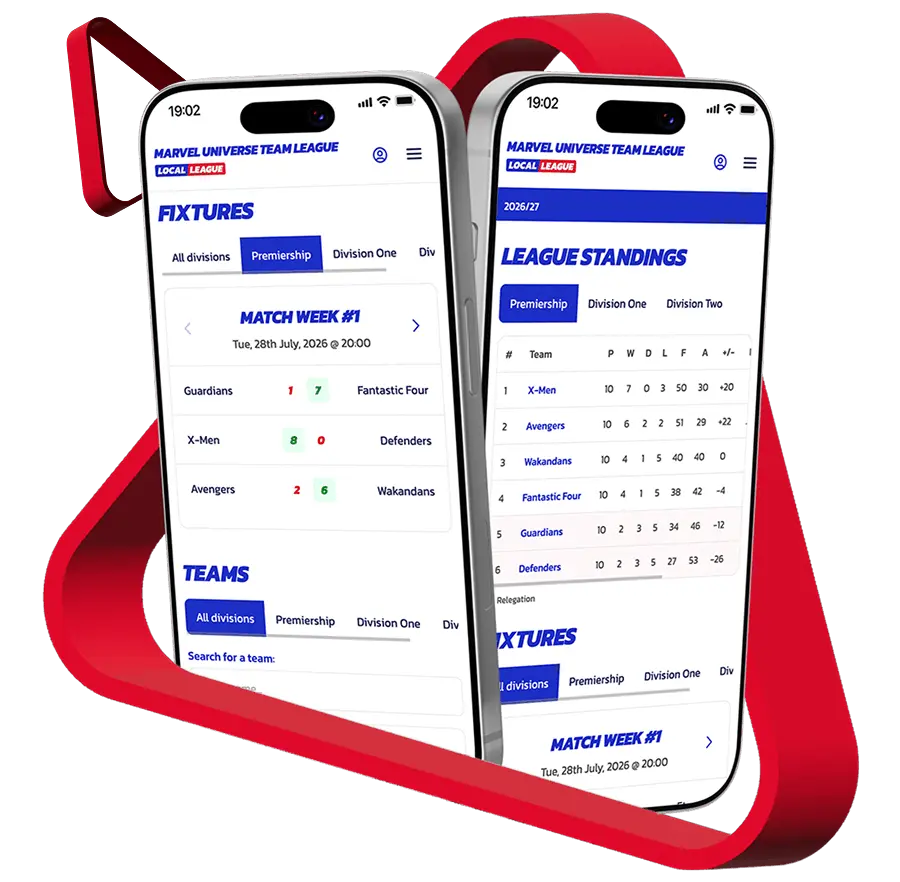 Local League app showing league standings and a live match on two phones
